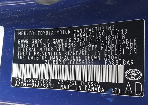 2014 Toyota Corolla S Plus from USA, damaged, VIN 2T1BURHE1EC059122